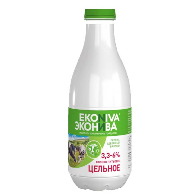Молоко цельное 3,3–6% 1л пэт бутылка тм ЭкоНива